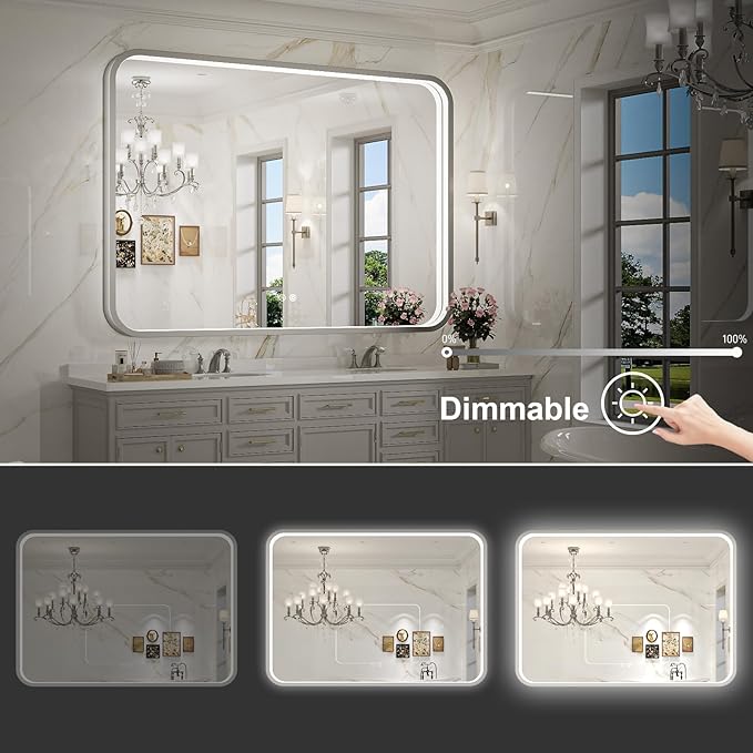 LED Bathroom Mirror with Lights, 48x36 Inch Brushed Silver Framed Lighted - Image 3