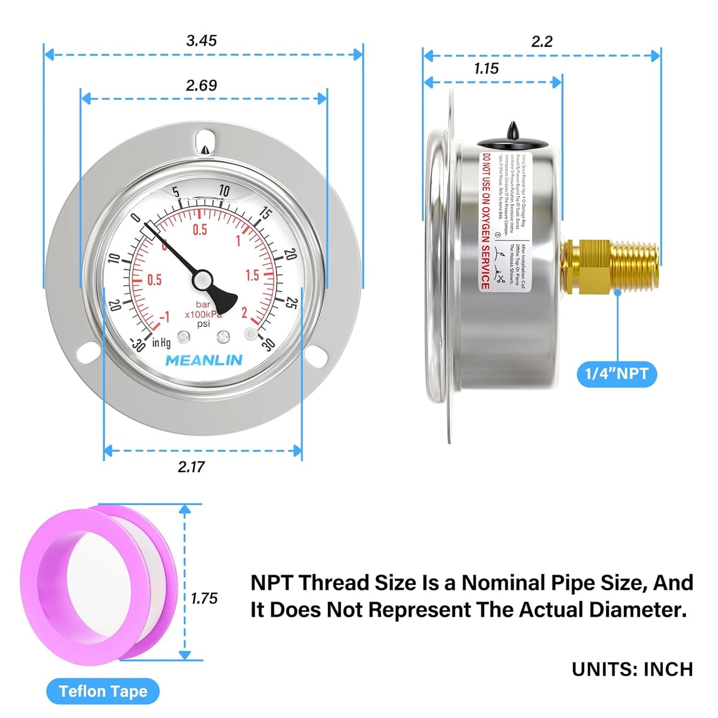 MEANLIN MEASURE -30inHG~30Psi Liquid Filled Pressure Gauge Front Flange Panel Mount, 1/4" NPT 2.5" FACE DIAL Stainless Steel Case with Phillips Screw and Nut, +/-3-2-3%