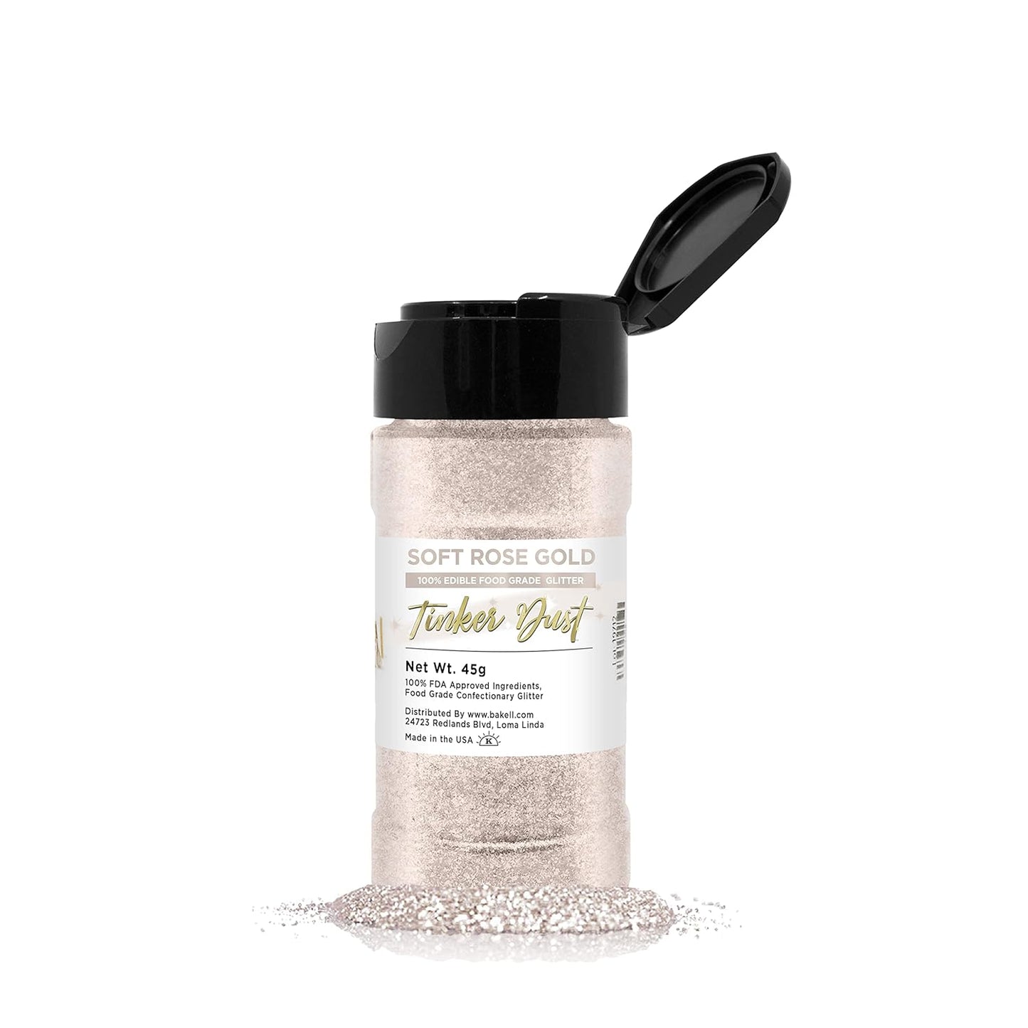 BAKELL Soft Rose Gold Edible Glitter, 45 Grams | TINKER DUST Edible Glitter | KOSHER Certified | 100% Edible Glitter | Cakes, Cupcakes, Cake Pops, Drinks, Dessert Vegan Glitter & Dusts (45g Shaker, Soft Rose Gold)
