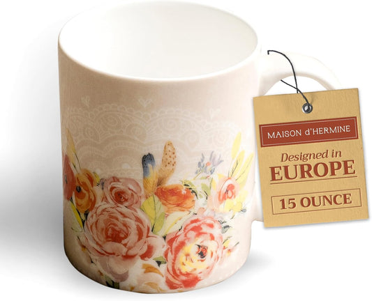 Maison d' Hermine Coffee Mug with Handles Fine Bone China Mugs Pack of One Tea Cups for Hot Beverages Cappuccino Latte Home Restaurant Office Perfect for Gift (Ibiza - Beige - Rose, 15 Ounce)