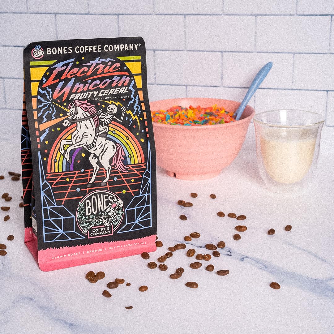 Bones Coffee Company Electric Unicorn, Fruity Cereal With Milk Flavored Coffee, Medium Roast Low Acid Arabica Beans Compatible with Auto drip and French Press Coffee Maker, 12 Oz Whole Bean