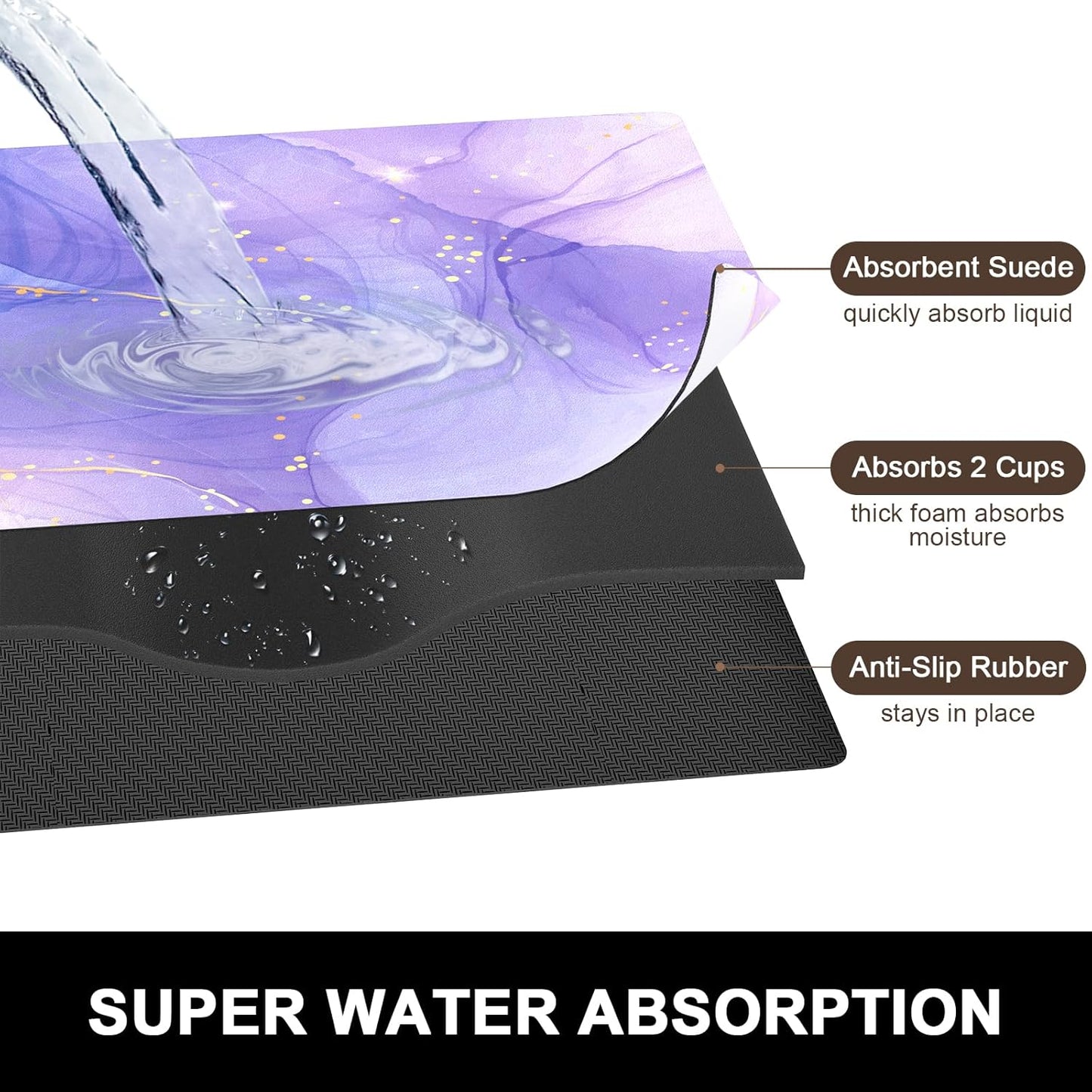 Rnivvi Dish Drying Mat for Kitchen Counter, 16 x 18" Cute Marble Theme Absorbent Heat Resistant Drying Pad with Non-slip Rubber, Coffee Bar Mats for Coffee Machine Dish Rack Kitchen Decor, Purple