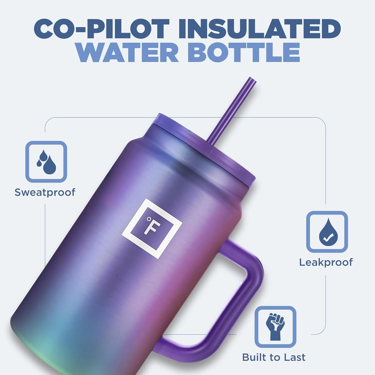 IRON °FLASK Co-Pilot Insulated Mug w/Straw & Flip Cap Lids - Cup Holder Bottle for Hot, Cold Drink - Leak-Proof - Water, Coffee Portable Travel Mug - Cobalt Blue, 50 Oz