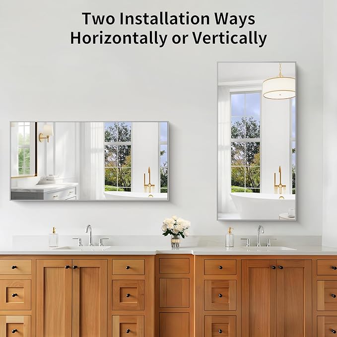 KOCUUY Silver Bathroom Mirror, HD Tempered Glass, Anti-Rust Brushed Silver Frame - Image 7