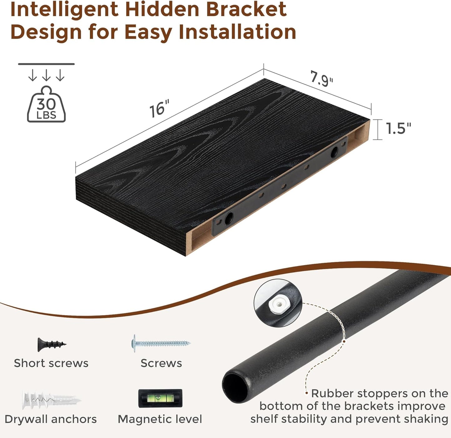 Heimlove 16 Inch Floating Shelves for Wall Black Shelves Set of 2,Wall Mounted Rustic Wood 8 Inch Deep Floating Shelf with Invisible Brackets for Bedroom Kitchen Living Room