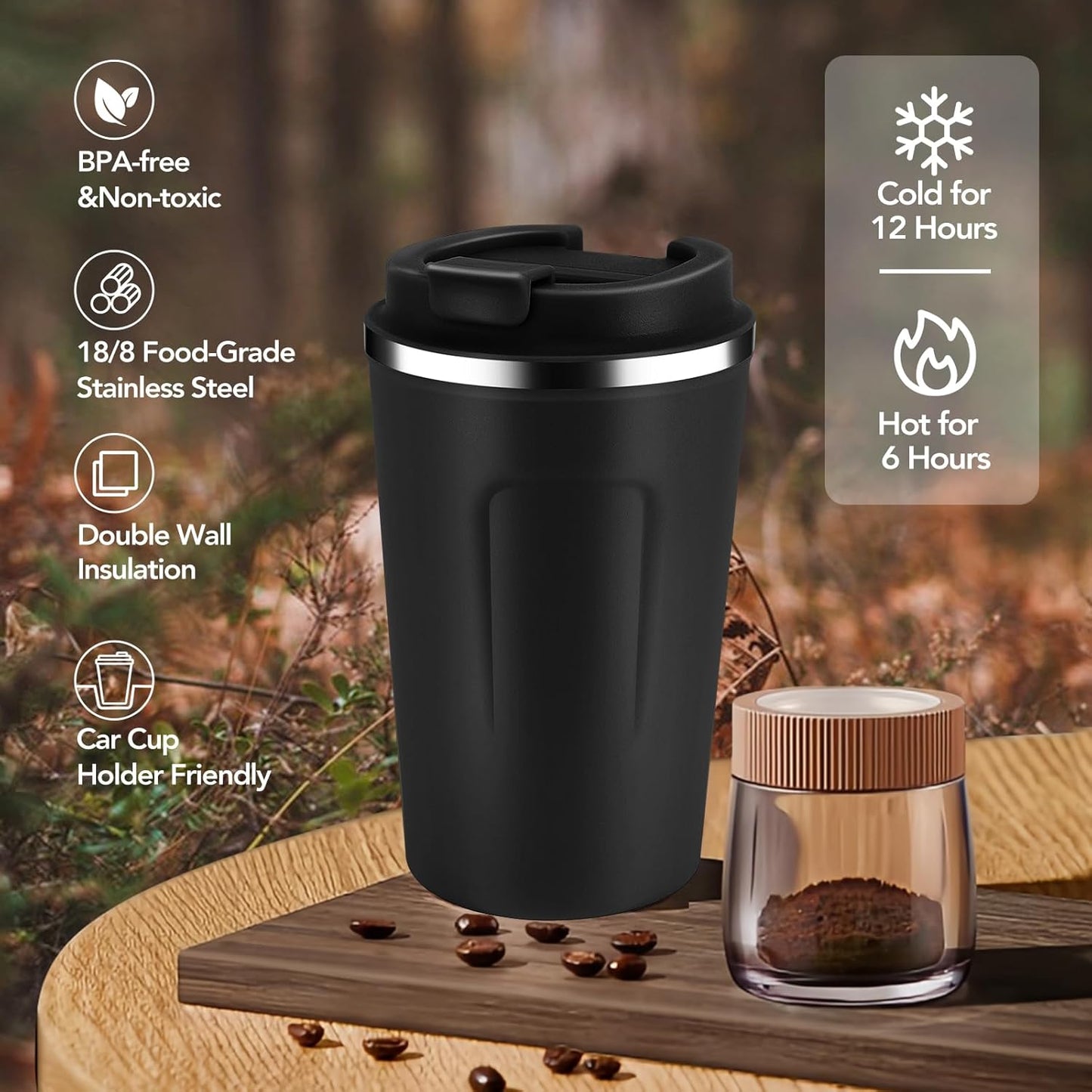 Volhoply 12 oz Double Wall Insulated Vacuum Travel Coffee Mugs with Flip Lid Bulk 2 Pack,Reusable Stainless Steel Leak Proof Coffee Cup,Portable Cafe Thermal Tumbler for Hot & Cold Drinks(Black,2 Set)