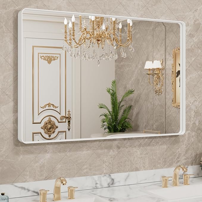 LOAAO 48x36 Inch White Metal Framed Bathroom Mirror by LOAAO