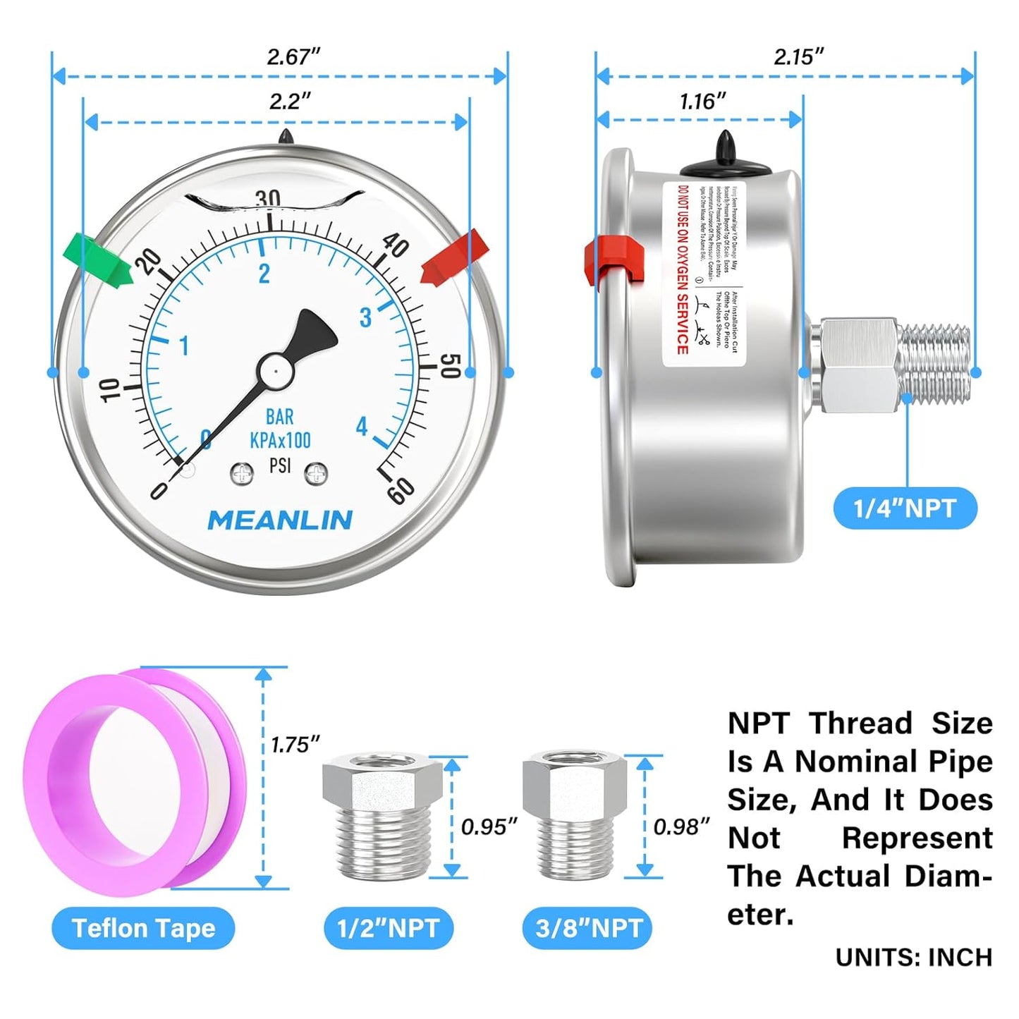 MEANLIN MEASURE 0~60Psi Stainless Steel Liquid Filled Pressure Gauge 2.5" FACE DIAL 1/4" NPT for Pool Filter Pump Water Oil Air Compressor Back Mount with Stainless Steel Hex Bushing and Snaps