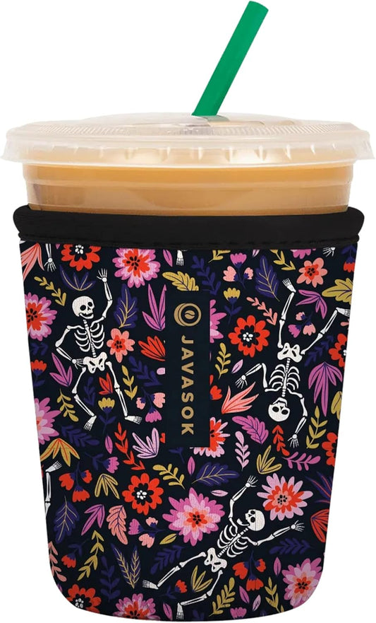 Sok It JavaSok Iced Coffee & Cold Soda Insulated Neoprene Cup Sleeve (Floral Skeleton, Small: 16-20oz)