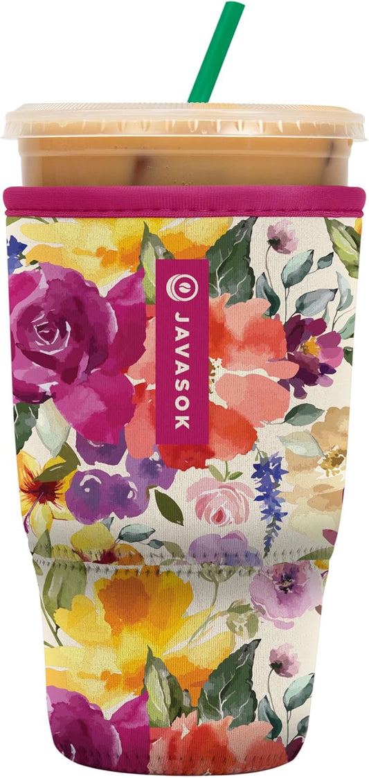 Sok It JavaSok Iced Coffee & Cold Soda Insulated Neoprene Cup Sleeve (Blooming Bright, Large: 30-32oz)