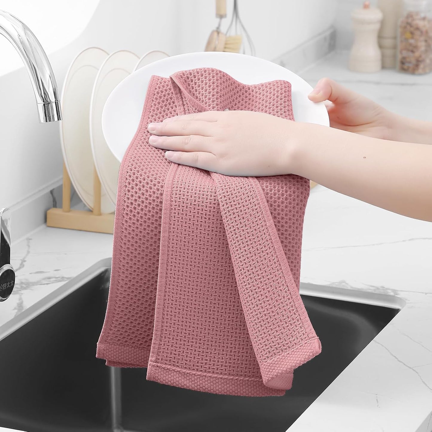 Homaxy 100% Cotton Waffle Weave Kitchen Dish Towels, Ultra Soft Absorbent Quick Drying Cleaning Towel, 13 x 28 Inches, 12-Pack, Dried Rose