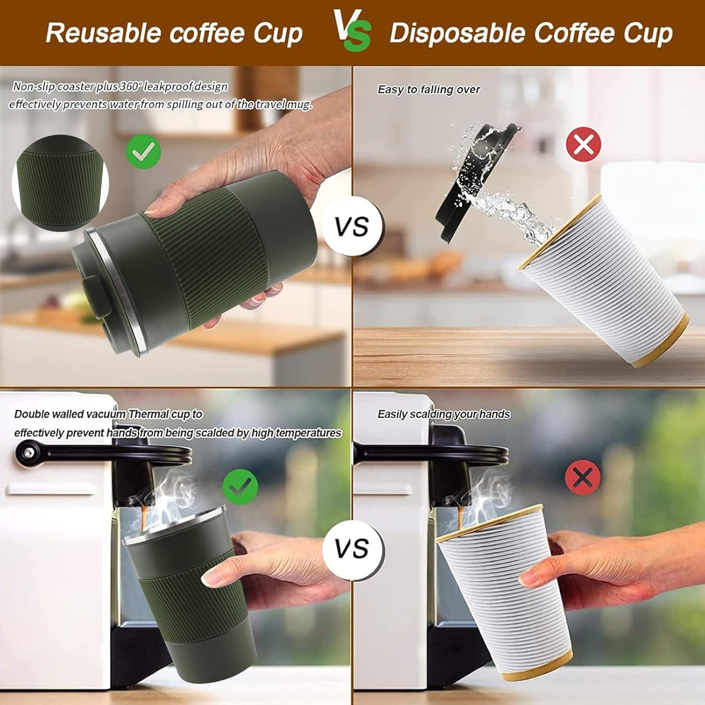 YINBAOGE Insulated Travel Coffee Mug Spill Proof Leak Proof Pobtable To Go Camping Stainless Steel Coffee Tumbler Reusable Coffee Cups with Lids Thermos for Hot and Cold Drink (Green, 12 OZ)
