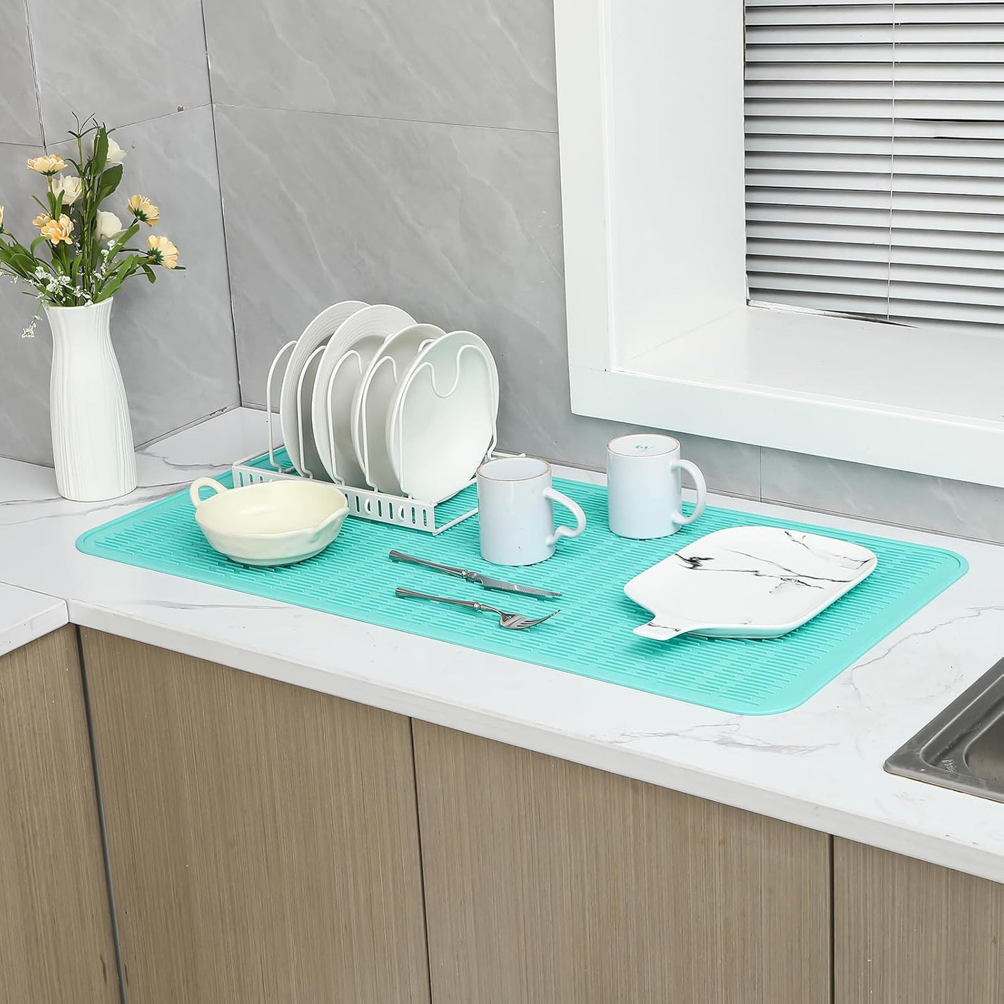 Silicone Dish Drying Mat for Multiple Usage,Easy clean,Eco-friendly,Heat-resistant Silicone Mat for Kitchen Counter or Sink,Refrigerator or Drawer Liner Mint 5XL 36inches x 18inches