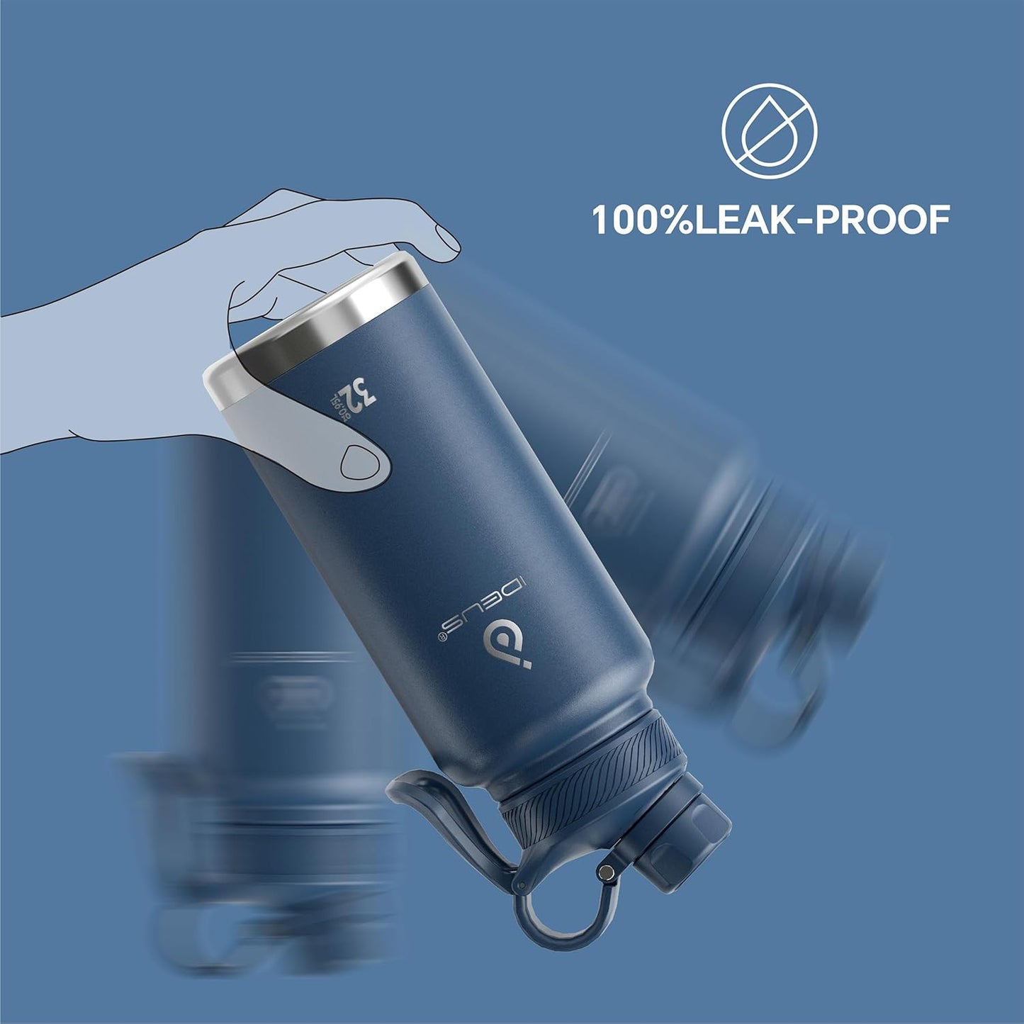 IDEUS Insulated Stainless Steel Water Bottle with 2 Leak-Proof Lids, Thermal Water Flask for Hiking Biking, 32oz, Navy Blue