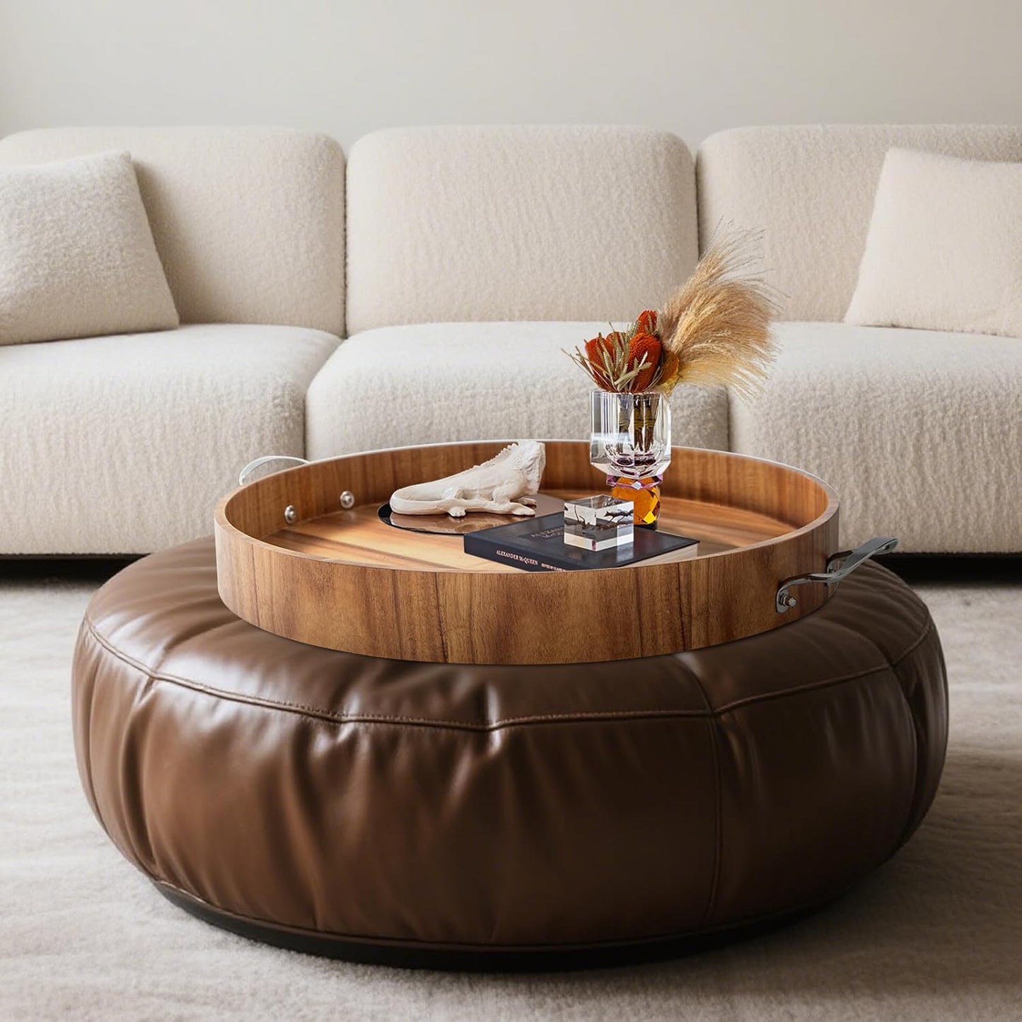 Ottoman Tray with Handles, 20 Inch Round Ottoman Tray Large Trays for Ottomans Wooden Serving Tray Decorative Trays for Living Room, Party, Breakfast, Drinks, Snacks, Appetizers