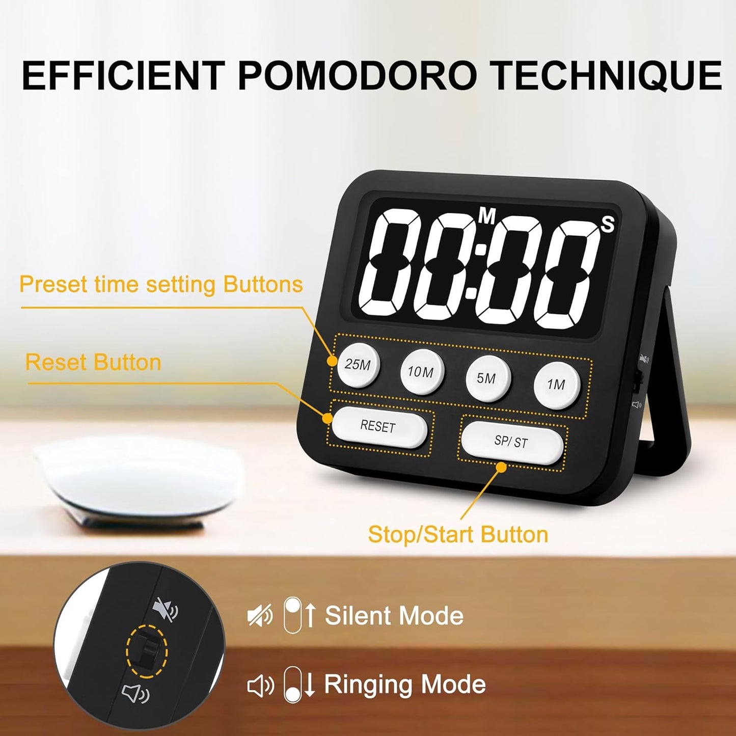 Pomodoro Timer, Digital Productivity Timer with Large Display, Kitchen Timers for Cooking, Settings 1-5-10-25 Minutes, Black