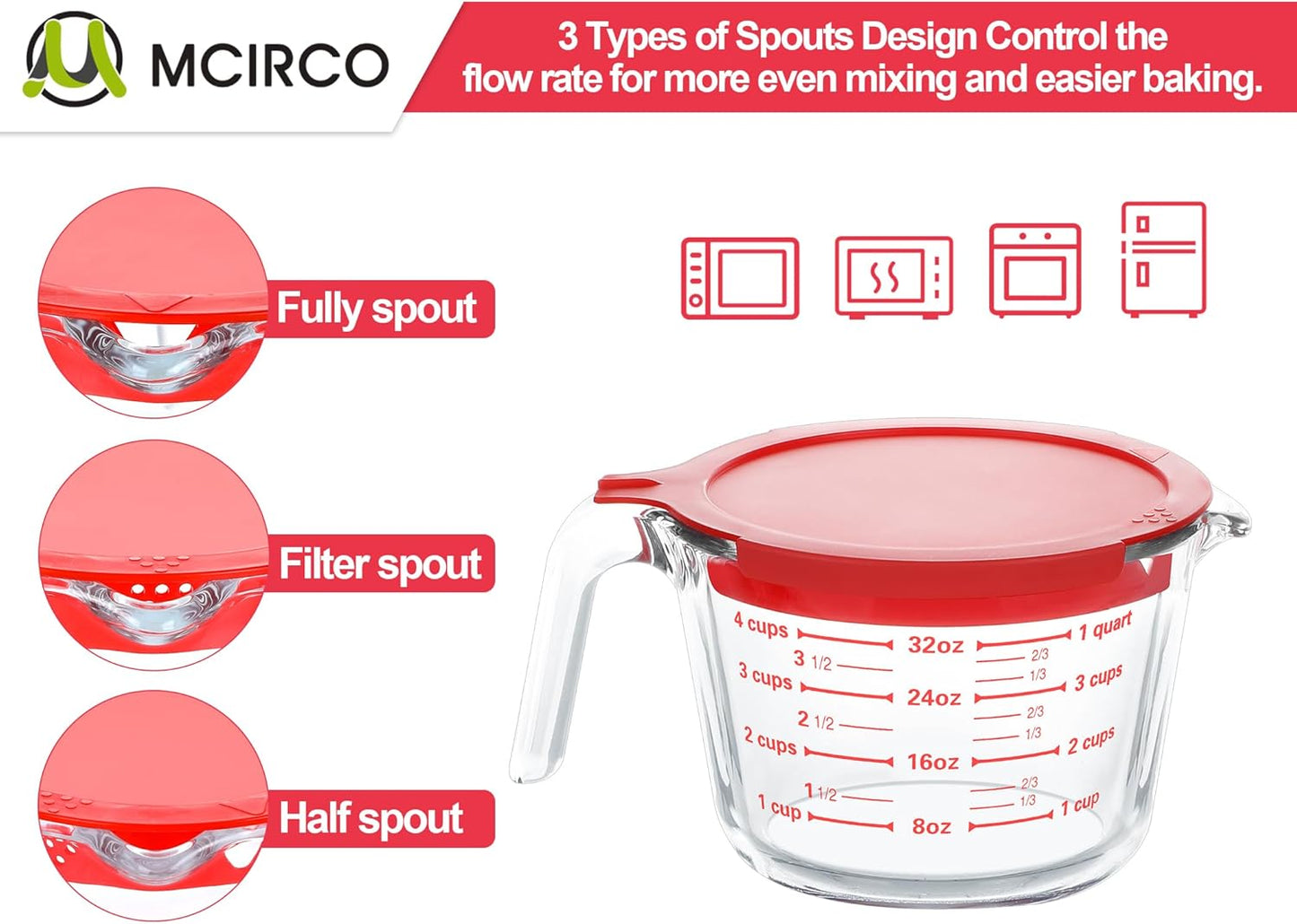 M MCIRCO 6 Pcs Glass Measuring Cups with Lids Set, 1-Cup, 2-Cup, 4-Cup Measuring Jugs with Handle, Nesting Liquid Measuring Cups for Kitchen