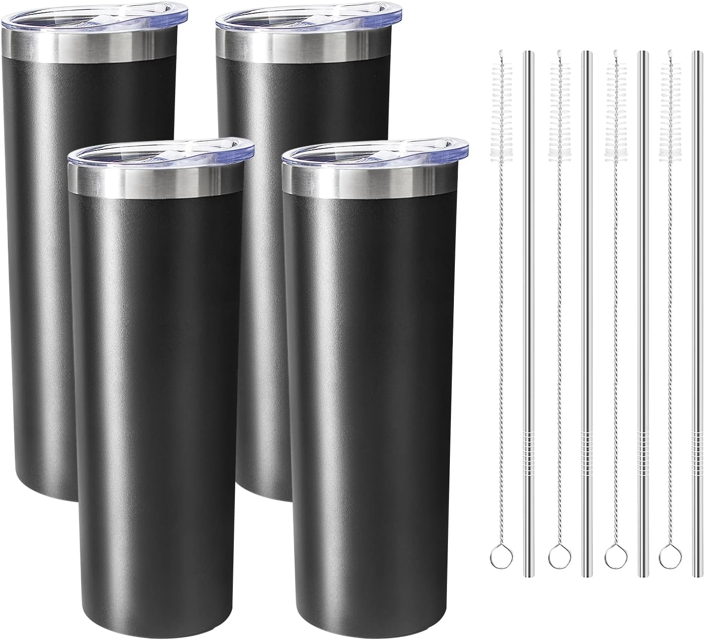 20 oz Skinny Tumblers with Lid and Straw,Stainless Steel Vacuum Insulated Tumbler Cup Double Wall Travel Coffee Mug, Thermal Water Tumbler for Hot and Cold Drinks(Black,4)