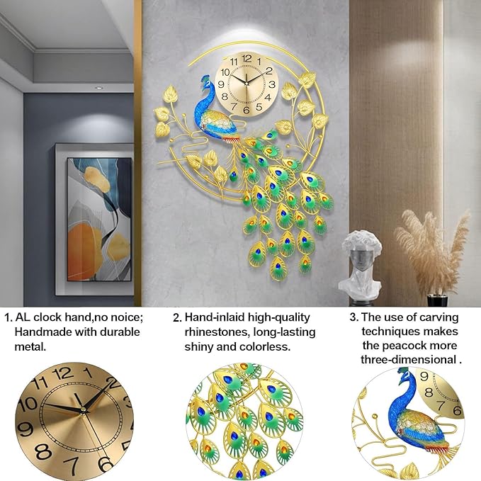 36.6 Inch Large Peacock Wall Clock Non-Ticking Silent, Creative Decorative - Image 6