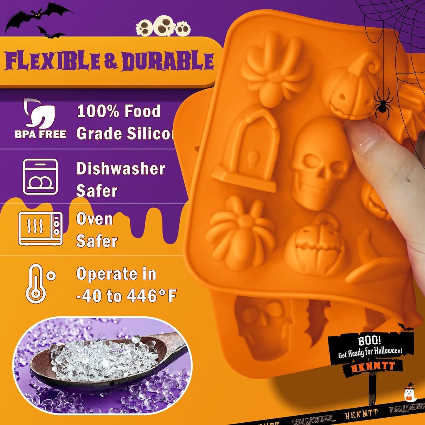 Halloween Molds Silicone for Chocolate 2 Pack, 3D Halloween Chocolate Candy Gummy Mold Skull Pumpkin Bat Ghost Witch Hat Spider tombstone Shapes Mold