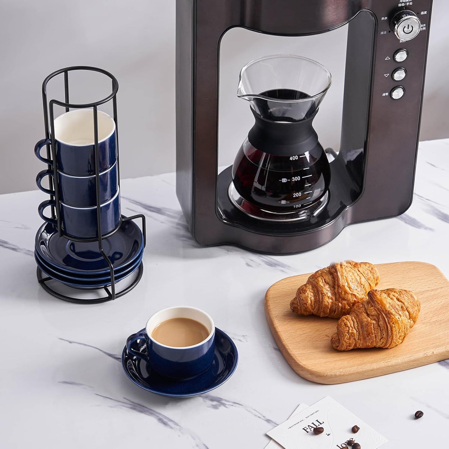 YOLIFE 2.5oz Porcelain Stackable Espresso Cups with Saucers and Metal Stand Set of 4, Stackable Cappuccino Cups, Blue Expresso Shots Cup Set for Coffee Drinks, Latte, Tea