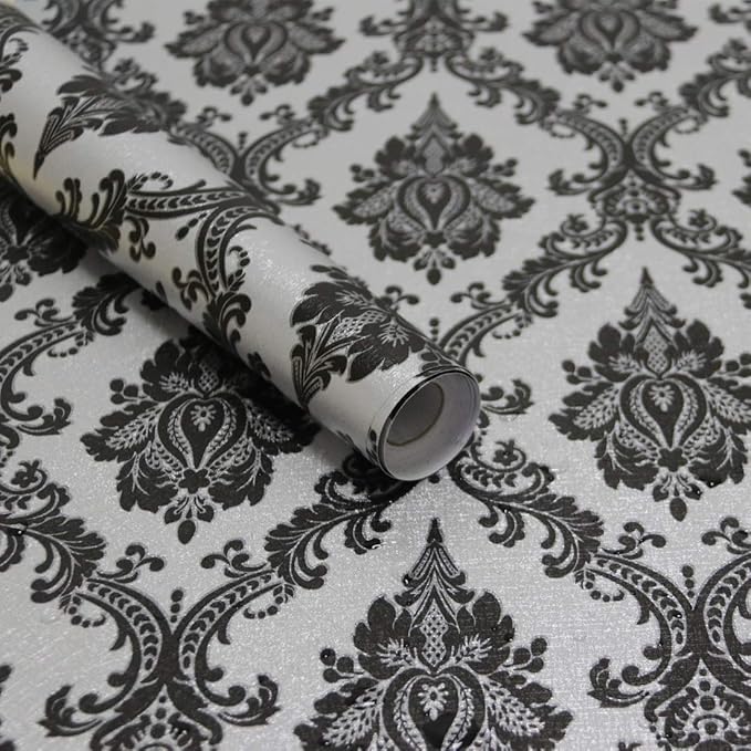 17.7" x 394" Black Peel and Stick Wallpaper Black Vintage Wall Paper by Micpolo