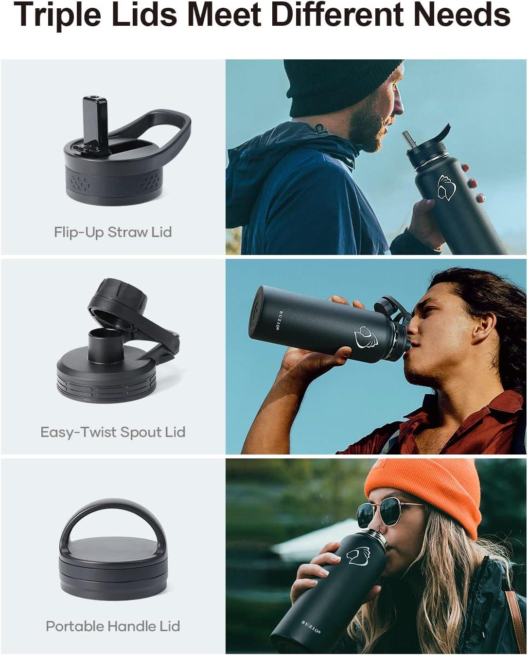 BUZIO 40 oz Water Bottle Insulated with Straw & 3 lid and Carrying Pouch, Leak Proof Anti-Slip Stainless Steel Water Flask Jug, Cold for 48 Hrs Double Vacuum Thermo Canteen, BPA-Free, Black