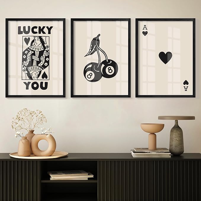 Heiple Framed Set of 3 Poker Wall Art Lucky You Poster, Trendy Retro Print Wall by Heiple
