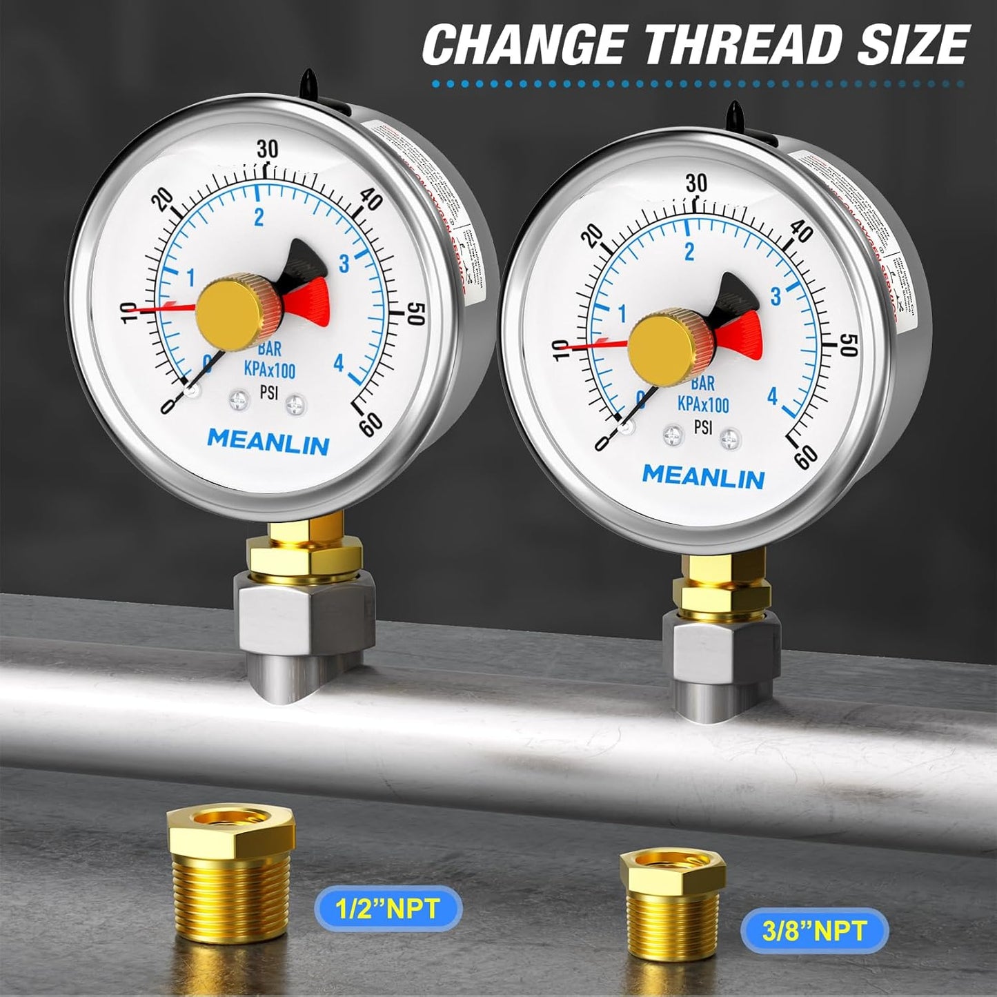 MEANLIN MEASURE 0~60Psi Stainless Steel 1/4" NPT 2.5" FACE DIAL with Reset Pointer Liquid Filled Pressure Gauge WOG Water Oil Air, Lower Mount, with Brass Hex Bushing