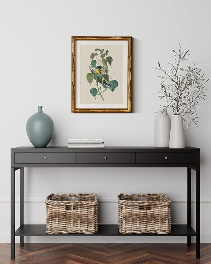 InSimSea Gold Bamboo Framed Canvas Wall Art, Vintage Bird Botanical Paintings - Image 2