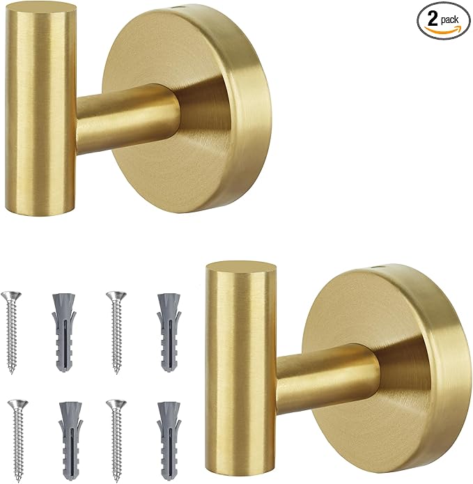 Towel Hooks for Bathroom 2 Packs Screw- in Gold Wall Mount Towel Holder Towel by Homagic