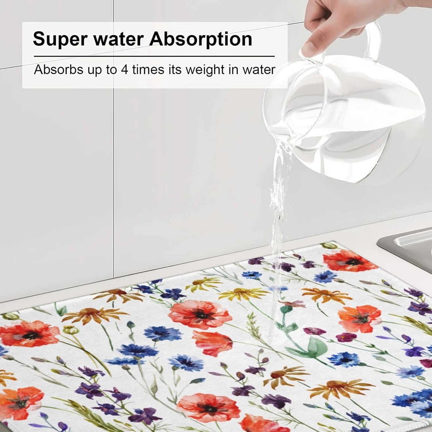 Spring Wildflowers Dish Drying Mats for Kitchen Counter, Watercolor Poppy Cornflower Drying Rack Pad Ultra Absorbent Microfiber Dish Mat for Coffee Countertop Decor 18x24 Inch