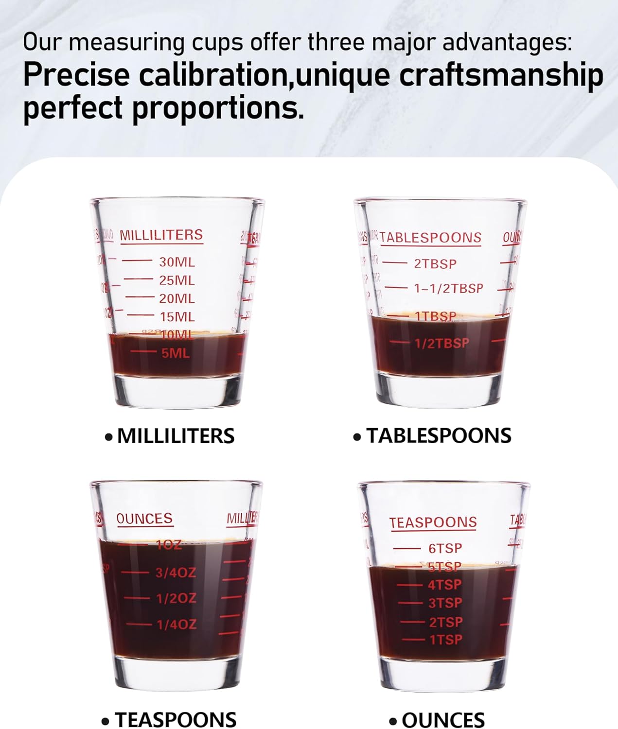 Shot Glasses Measuring Cup Set 2PACK Espresso Shot Glasses Liquid Heavy Glass 26-Incremental Measurement 1 OZ, 2 TBS, 6 TSP, 30 ML Kitchen Tools (Red)