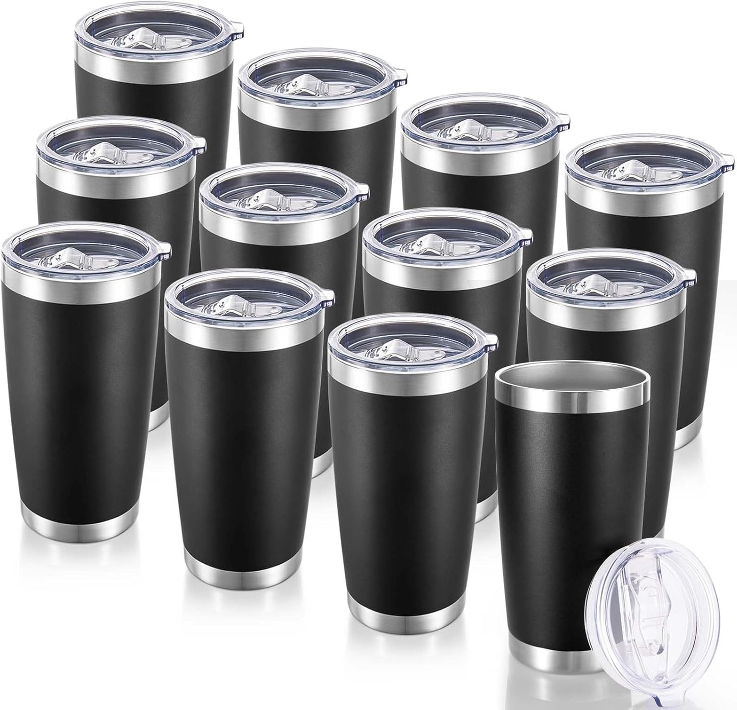 20 oz Tumblers Bulk Stainless Steel Tumbler with Lid Double Wall Vacuum Insulated Coffee Mug 20oz Powder Coated Cup for Hot and Cold Drinks, Black, 12 pack