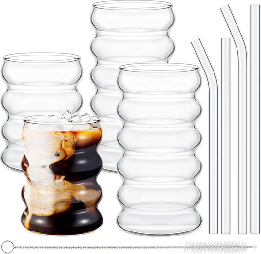 Tessco for you 4 Pcs Creative Glass Cups Vintage Drinking Glasses Ribbed Glassware Aesthetic Cup Entertainment Dinnerware Glassware with Straws Set for Kitchen Coffee Beverage(13.5 Oz, 16 oz,Clear)