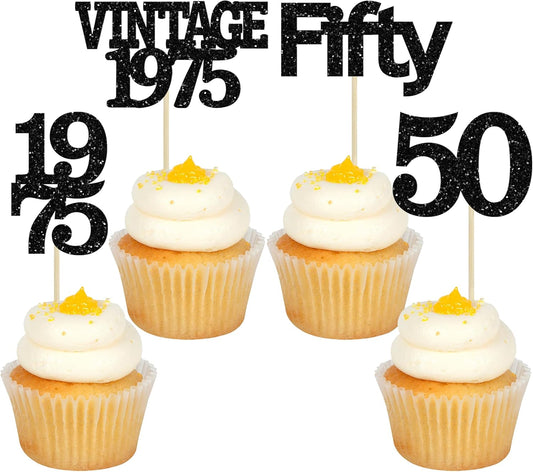 Gyufise 24Pcs Vintage 1975 Cupcake Toppers Cheers to 50 Fabulous Fifty Cupcake Picks 50th Birthday Wedding Anniversary Party Cake Decorations Supplies Black
