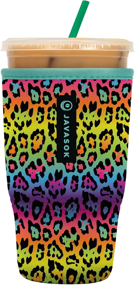 Sok It JavaSok Iced Coffee & Cold Soda Insulated Neoprene Cup Sleeve (Rainbow Leopard, Large: 30-32oz)