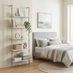 aboxoo Ladder Shelf White Marble Bookshelf 5-Tier Wall-Mounted Wood Rack - Image 2