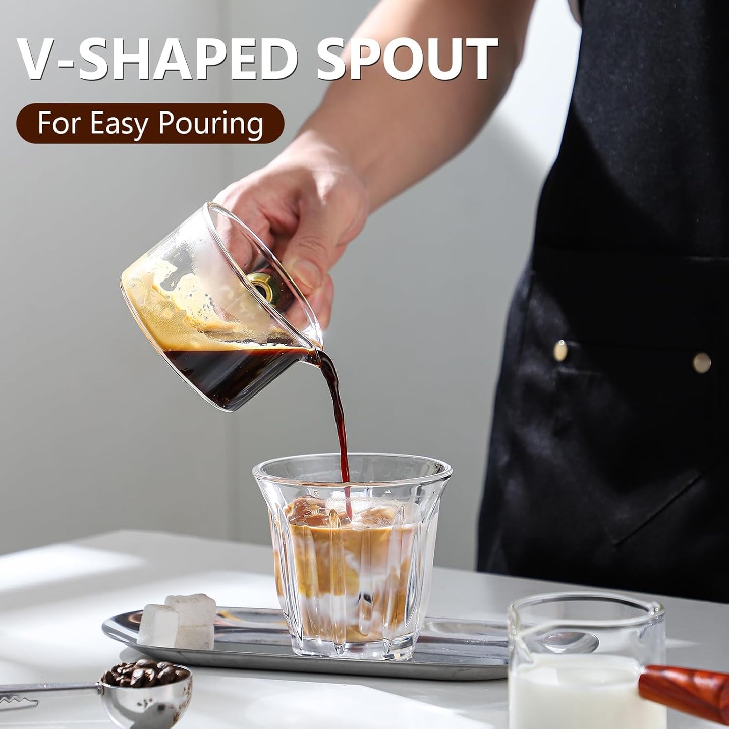 Espresso Shot Glasses with Wood Handle, 120ml Glass Coffee Bean Dosing Cup with Spout,Clear Espresso Measuring Cup Glass for Barista Coffee Measure (Single Spout)