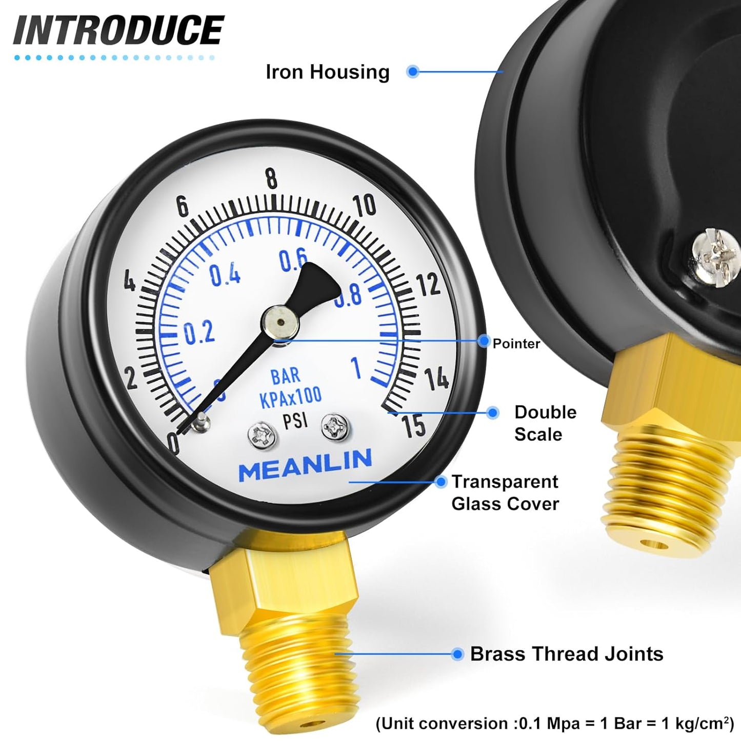 MEANLIN MEASURE 0-15Psi Well Pump Pressure Gauge 1/4" NPT 2" FACE DIAL for Water Oil Air Well Pump Tank Tire Pressure Test Lower Mount, with Teflon Tape