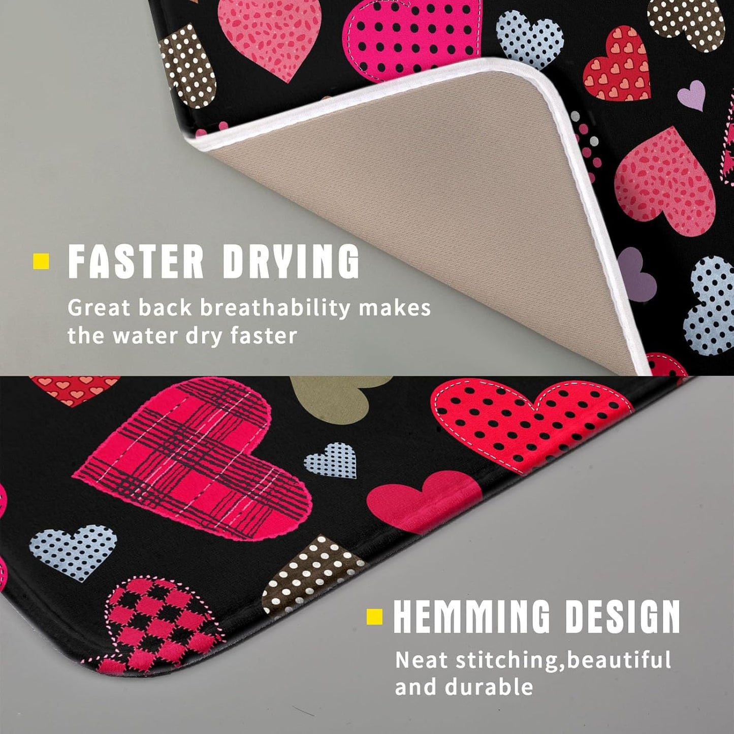 Happy Valentine's Day Black Dish Drying Mat for Kitchen Counter,Pink Love Heart Drying Mat 16 x 18 Inch with High Absorbent Microfiber Drainer Mat for Coffee Bar