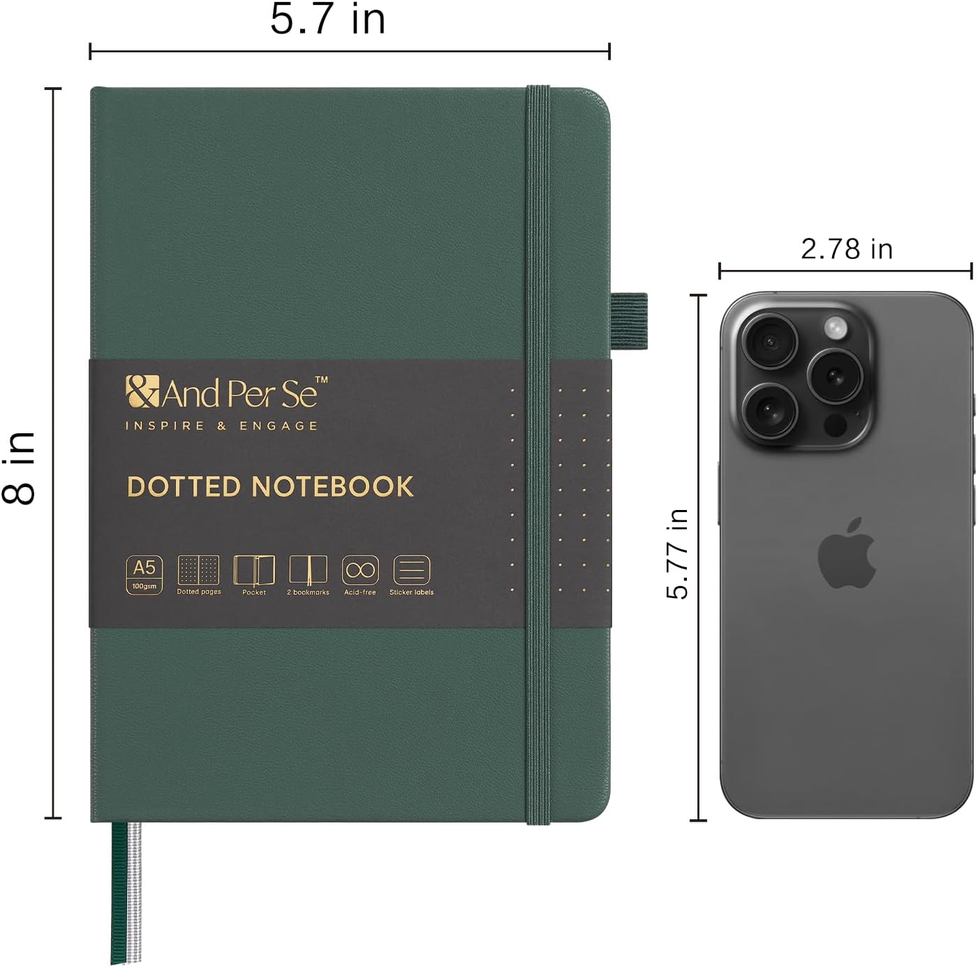&And Per Se Dotted Journal Notebook, A5 Hardcover Leather Bullet Dotted Journal, 160 Pages 100 gsm Thick Dotted Paper，3 Sheets of Stickers Included - 5.7'' x 8''（Green）
