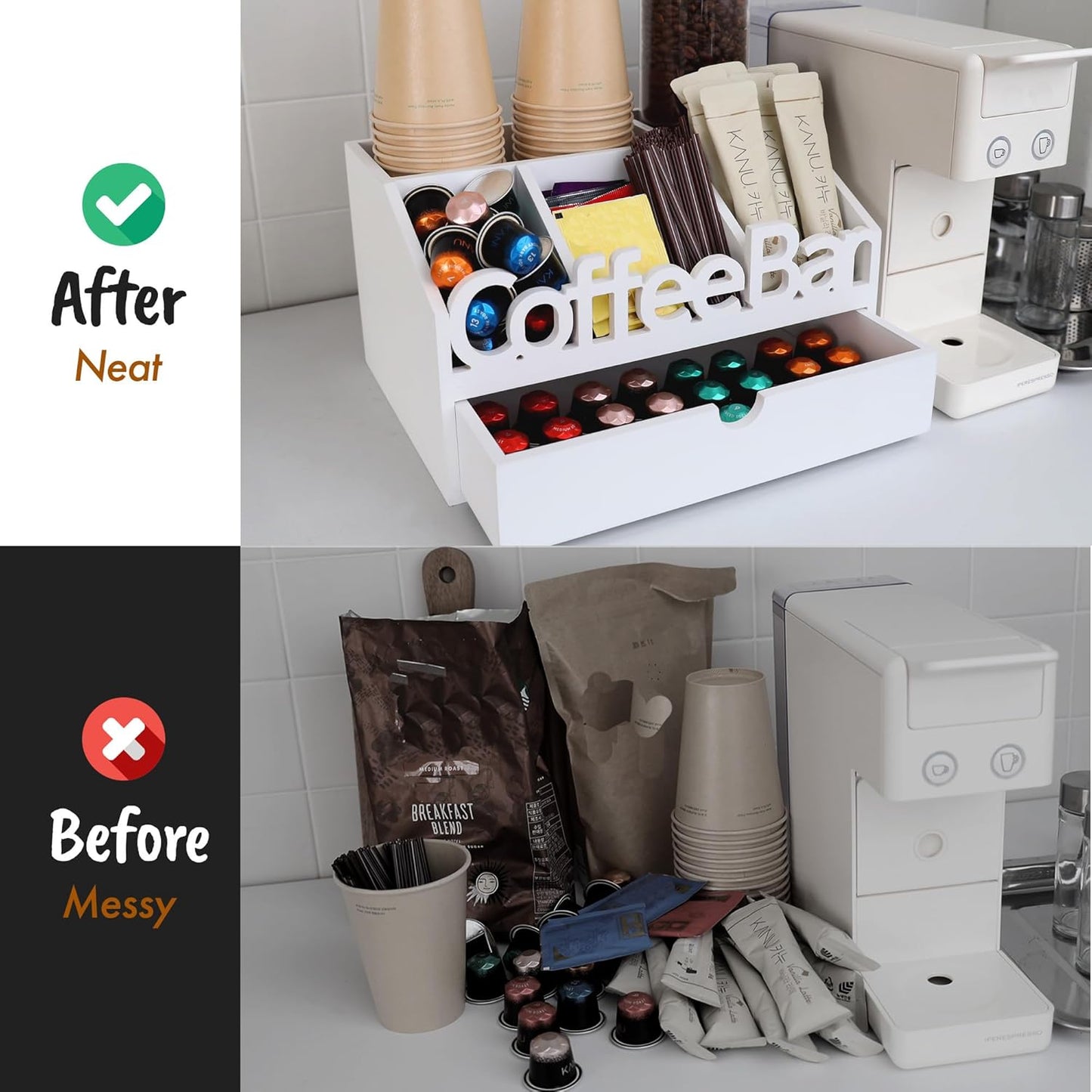 Coffee Bar Organizer for Countertop – Wooden Coffee Station with Black Drawer, Tea and K Cup Storage Rack, Coffee Pod Holder for Home and Office Counter Organization (Drawer - White)