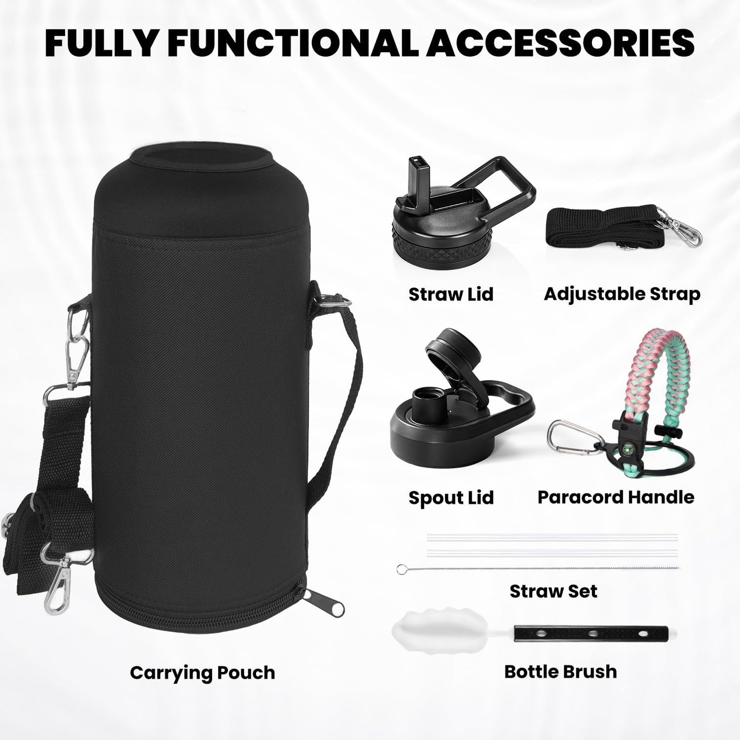 Insulated Water Bottle 87 oz, Triple Wall Vacuum Stainless Steel (Cold for 48 Hrs), Leak Proof & Non-BPA, Modern Water Flask Jug with Paracord Handle & Straw Spout Lids, Hydrangea