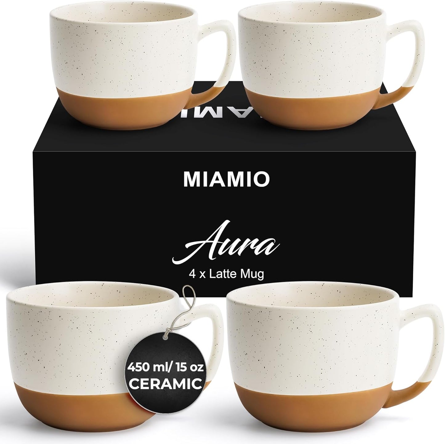 MIAMIO – 15 Ounce, Set of 4 Ceramic Latte Mug – Elegant Modern Coffee Mug Set for Cafe, Latte, Tea, Hot Cocoa - Drinks Dishwasher & Microwave Safe – Aura Collection (Creamy Cocoa, Coffee Mug(4x))