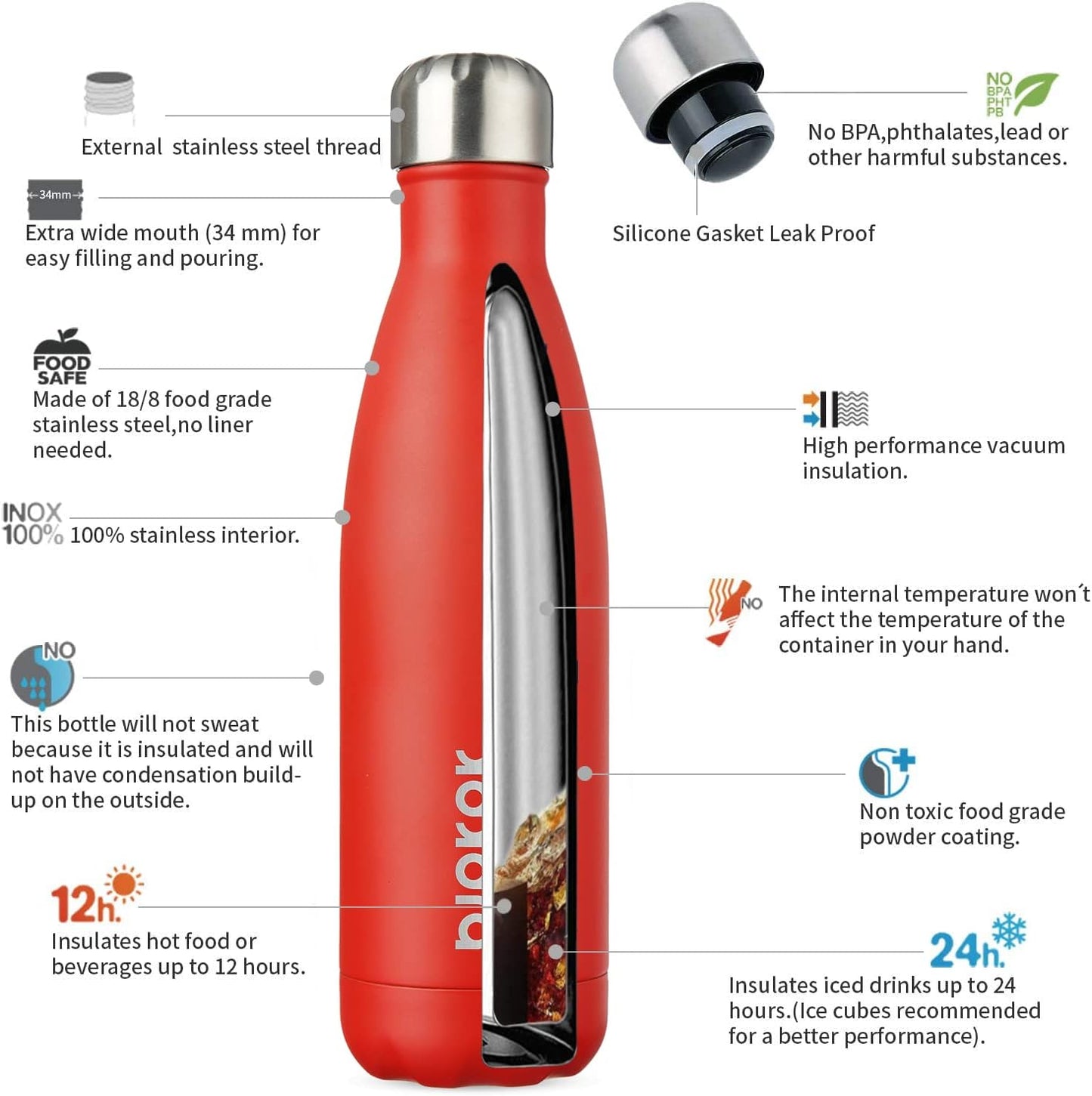 BJPKPK 17oz Insulated Stainless Steel Water Bottles Travel Sports Water Bottles BPA Free,Red