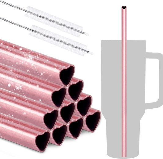 NiHome 12-Inch Heart-Shaped Stainless Steel Drinking Straws for Stanley Tumbler 40oz 10-Pack with 2 Cleaning Brushes, Reusable for Hot & Cold Drinks, Dishwasher Safe, Safe Edges for Kids (Pearl Pink)