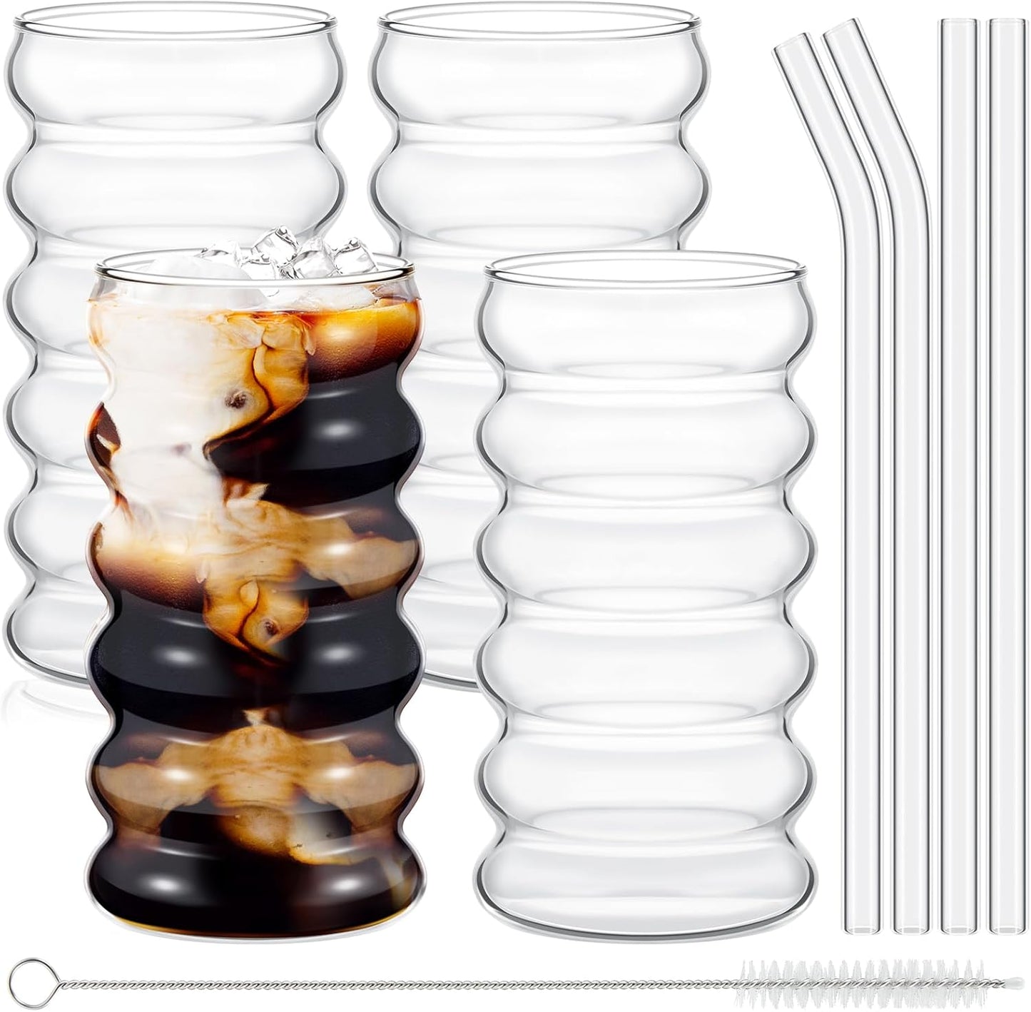 Tessco for you 4 Pcs Creative Glass Cups Vintage Drinking Glasses Ribbed Glassware Aesthetic Cup Entertainment Dinnerware Glassware with Straws Set for Kitchen Coffee Beverage(16 oz,Clear)