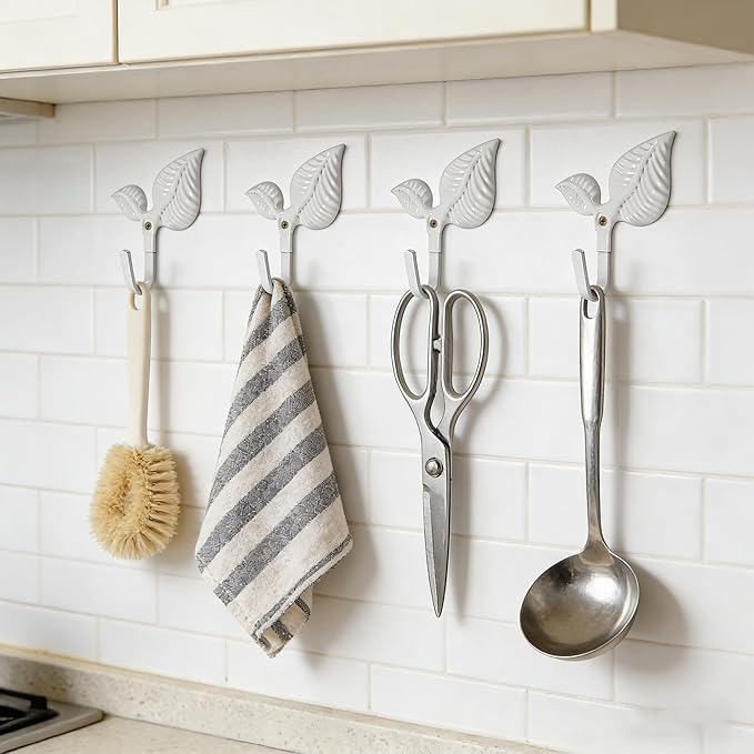 Set of 4 Vintage Leaf Wall Hooks White Metal Coat Hooks Heavy Duty Decorative - Image 5
