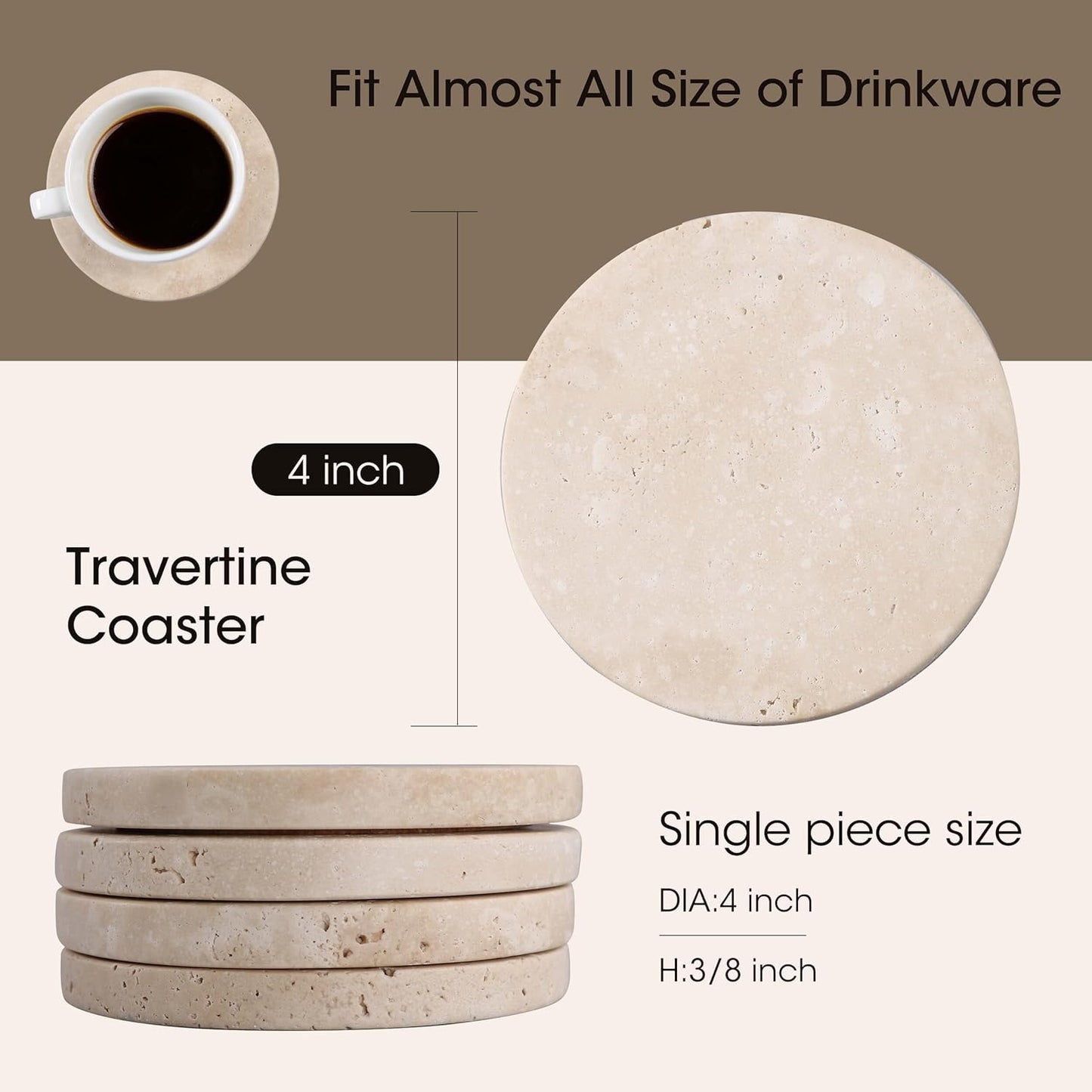 CASACOUTURE-Travertine-Stone-Coasters Set of 4-Round -4" Diameter Drink Coasters for Housewarming Gift, Desktop Protection Suitable for Various Cups - Sturdy and Durable Aesthetics